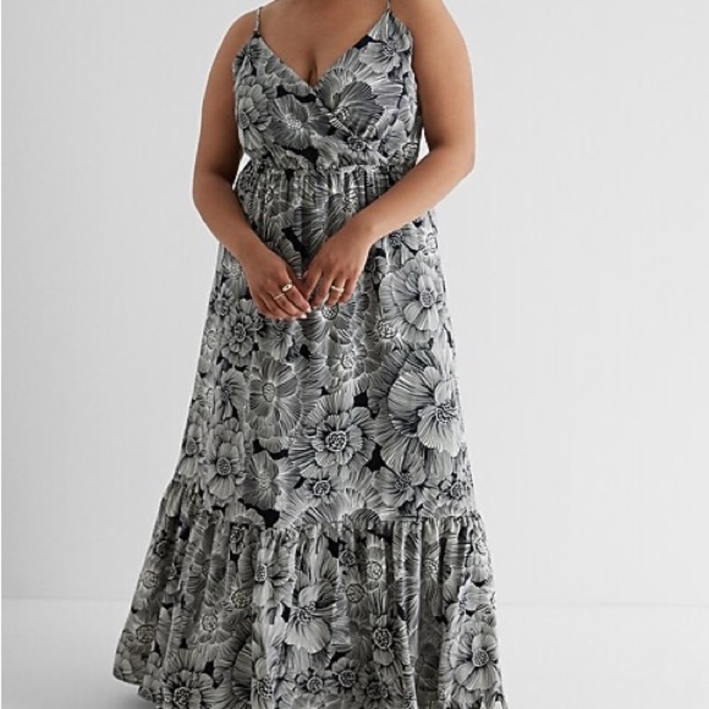Express Black and Cream satin floral wrap front tiered maxi